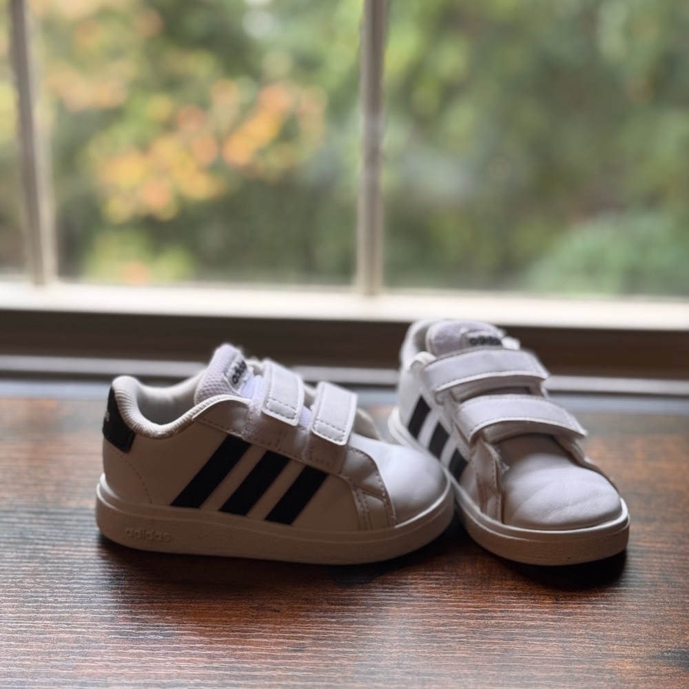Adidas Kids White and Black Velcro Sneakers